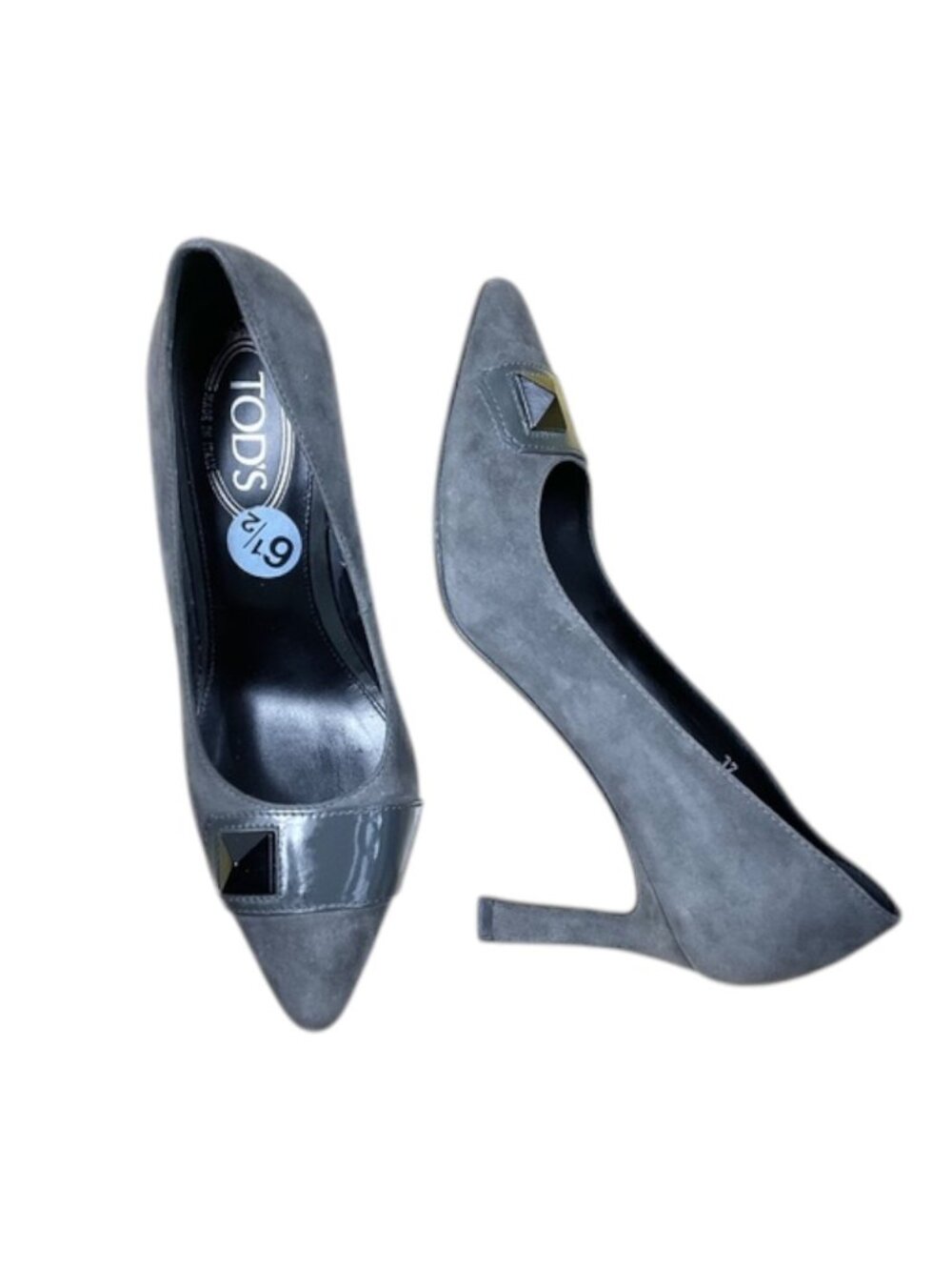 Tod’s Heels Pumps Suede Gray Mid Heel with Patent Leather Accent (37, 6.5)